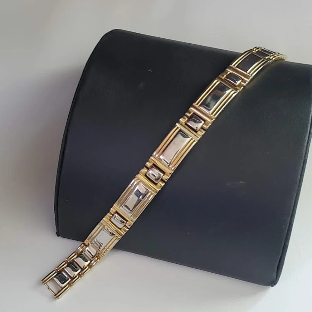 Gold Tone Two-Tone Link Bracelet Silver Inlay Magnetic Therapy Style 7.5